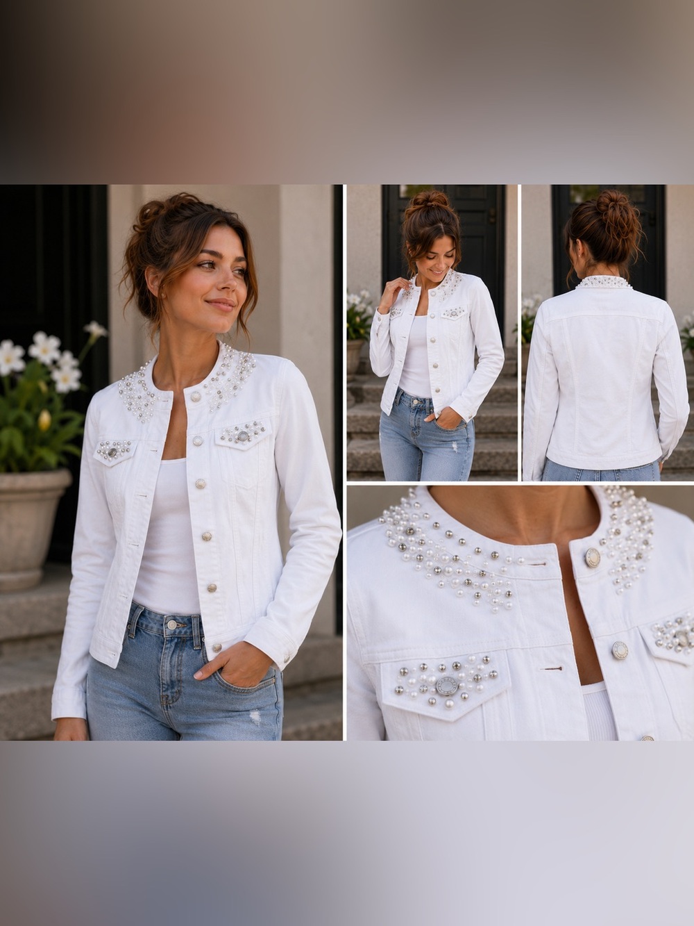 Joseph Ribkoff Ivory Pearl Rhinestone Embellished Denim Jacket NWT S